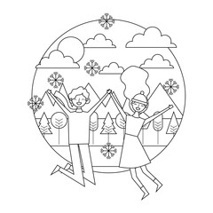 young couple jumping in the winter panorama vector illustration thin line
