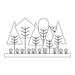 spring natural flowers trees bird landscape vector illustration  thin line