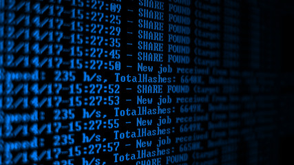 Mining Cryptocurrency process program on display PC. Using Software. Share Found.