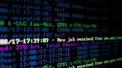 Mining Cryptocurrency process program on display PC. Using Software. Share Found.