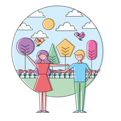 happy couple standing in the park spring flowers birds trees vector illustration