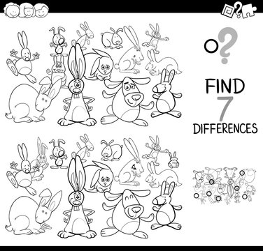 differences game with rabbits coloring book
