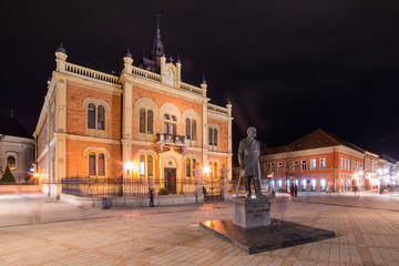 Fototapeta na wymiar Novi Sad, Serbia March 14, 2018: Center of Novi Sad in Zmaj Jovina street with Vladicin court residential palace and monument of Jovan Jovanovic Zmaj.