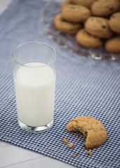 A glass of milk and a cookie with a bite taken out of it sit on a blue gingham napkin with a plate of cookies in the background