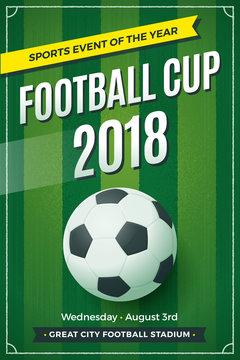 Football - soccer vertical flyer design, postcard size. Sports ball on green grass background. Vector illustration