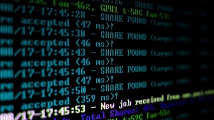 Mining Cryptocurrency process program on display PC. Using Software. Share Found.