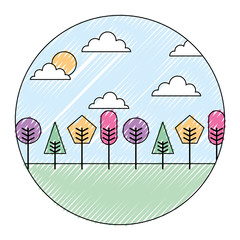 landscape natural trees and clouds with geometrical shape round design vector illustration drawing color image