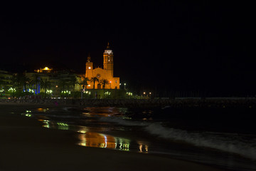 View of the night city of Sitges, Spain