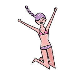 happy young woman jumping wearing swimsuit vector illustration drawing color image