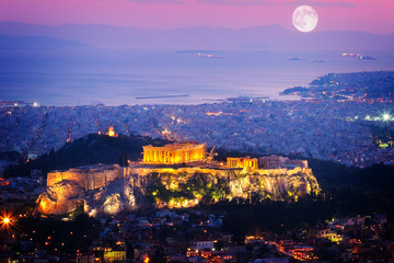 cityscape of Athens at night, Greece
