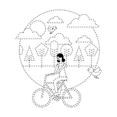 happy young woman riding bicycle in the park birds flying vector illustration dotted line image