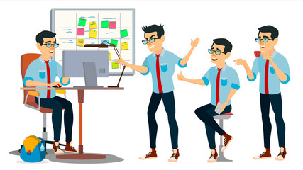 Business Man Character Vector. Working Asian, Man. Team Room. Asiatic. Environment Process In Start Up Office. Programmer, Designer. Code. Javascript. Cartoon Business Character Illustration