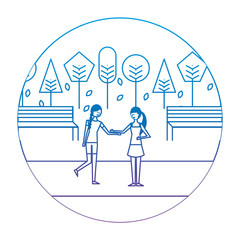two woman holding hands in autumn season landscape vector illustration degrade color image