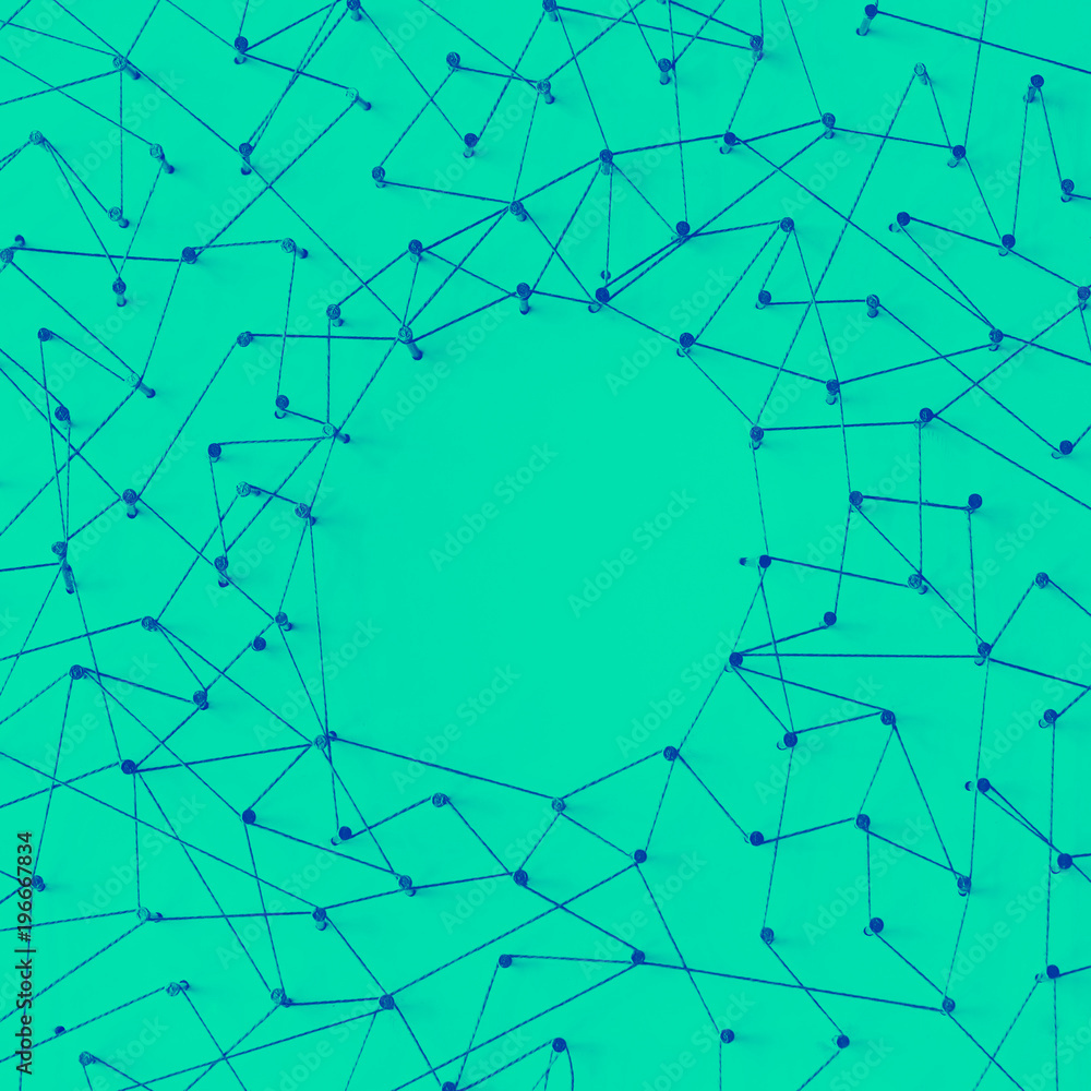Poster a large grid of pins connected with string. communication, technology, network concept