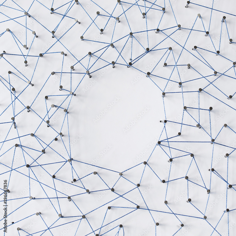 Poster a large grid of pins connected with string. communication, technology, network concept