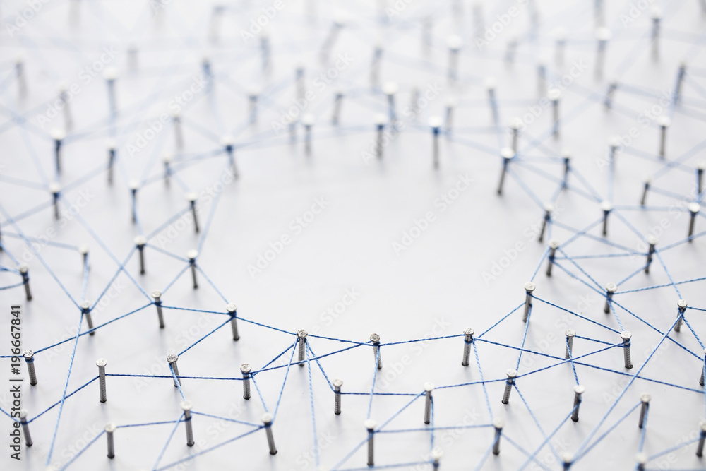 Poster a large grid of pins connected with string. communication, technology, network concept