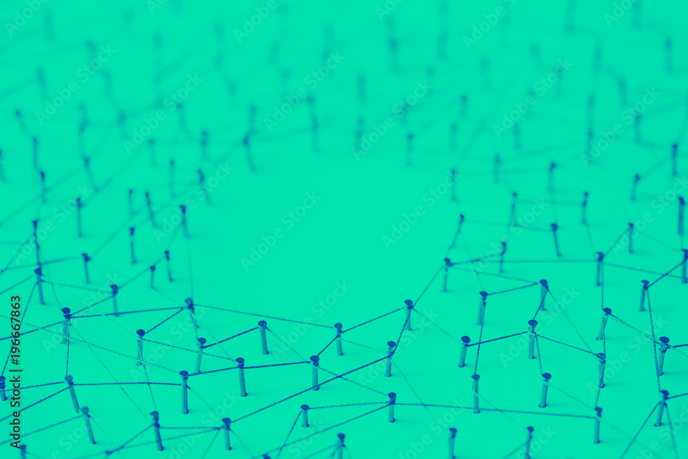 Poster a large grid of pins connected with string. communication, technology, network concept