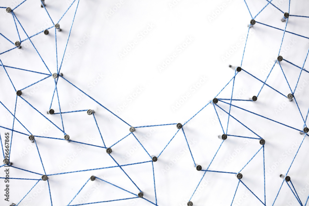 Poster a large grid of pins connected with string. communication, technology, network concept