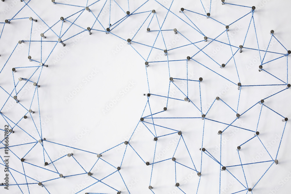 Aufkleber a large grid of pins connected with string. communication, technology, network concept