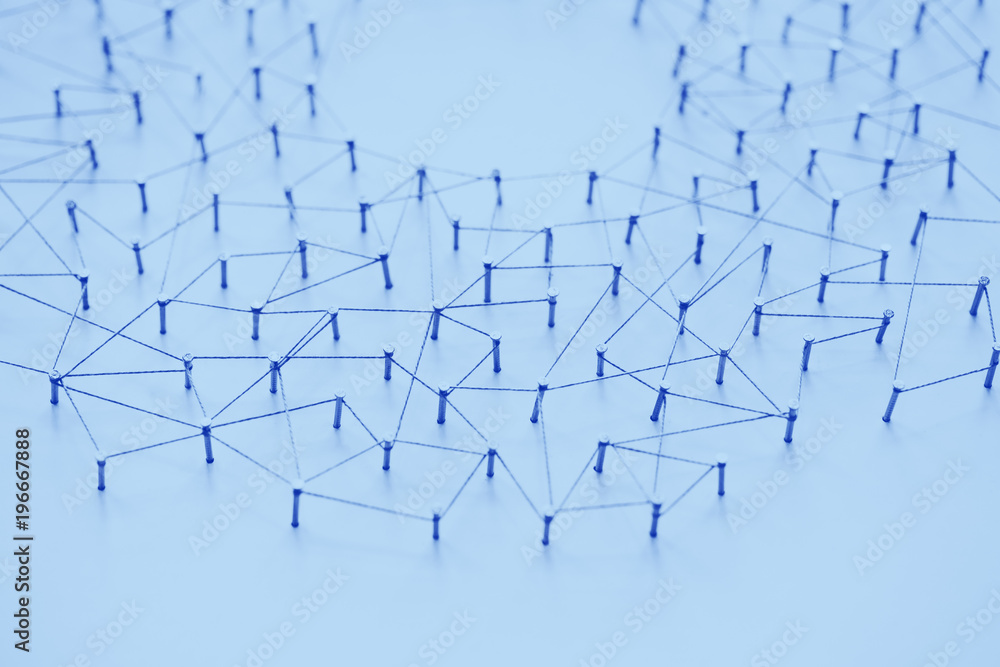Poster a large grid of pins connected with string. communication, technology, network concept