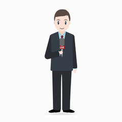 Man with hand holding microphone icon, journalist concept