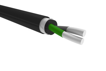 Model of a two-core aluminum cable in a rubber braid on a white isolated background