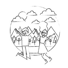 young couple jumping in the winter panorama vector illustration