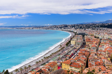 Cote d'Azur, France. Beautiful panoramic aerial view city of Nice, France. Luxury resort of French riviera. Front view of the Mediterranean sea, bay of Angels