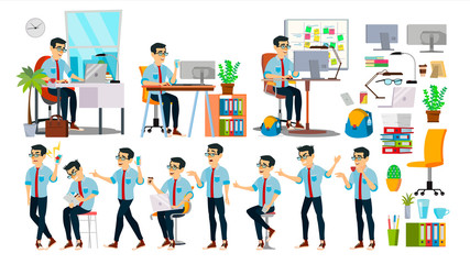 Business Man Character Vector. Working Asian People Set. Office, Creative Studio. Asiatic. Business Situation. Software Development. Programmer. Poses, Emotions. Cartoon Character Illustration