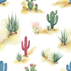Wallpaper murals Plants in pots Watercolor seamless pattern of landscape with desert and cacti isolated on white background.