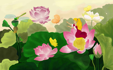girl in a lily flower with butterflies and dragonfly