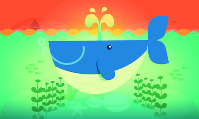 Cute whale and fish cartoon vector illustration
