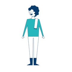 young man standing wearing scarf and boots vector illustration blue and green image