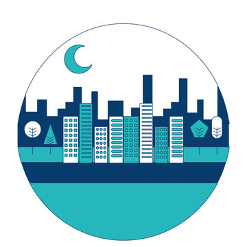landscape city buildings urban panorama with trees round design vector illustration blue and green image