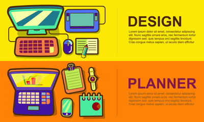 Business workspace and equipment concept banner set, design, planner vector illustration