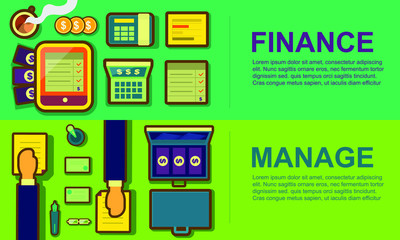 Business workspace and equipment concept banner set, finance, manage vector illustration
