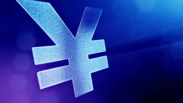 Animation icon or emblem of Japanese yen Logo. Background made of glow particles as vitrtual hologram. Shiny 3D seamless animation with depth of field, bokeh and copy space. Blue color v2.