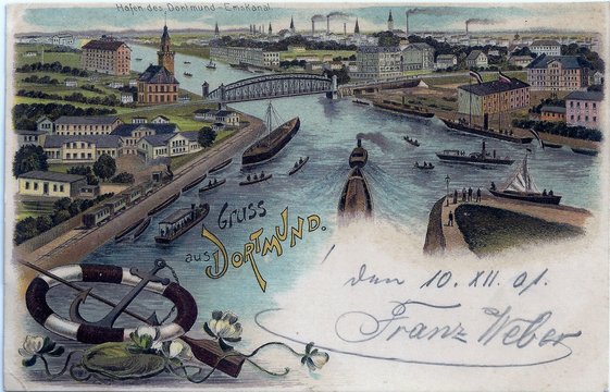 Dortmund, Hafen des Dortmund-Ems-Kanal 1901 (original gelaufene Postkarte)