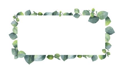 Watercolor vector wreath with green eucalyptus leaves and branches. © ElenaMedvedeva