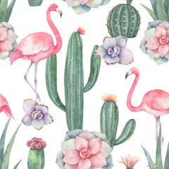 Watercolor vector seamless pattern of pink flamingo, cacti and succulent plants isolated on white background.