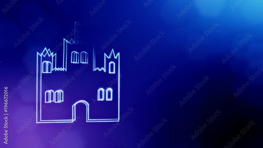 Aufkleber icon of castle. background made of glow particles as vitrtual hologram. 3d seamless animation with d