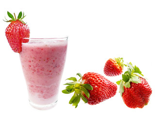 milkshake and strawberries isolated on white