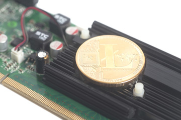 Cryptocurrency mining concept with litcoin on a graphic videocard