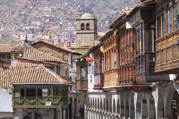 Fototapeta na wymiar Ancient buildings in the Plaza de Armas of Cusco city which is located in Sacred Valley of the Incas.