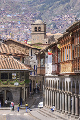 Ancient buildings in the Plaza de Armas of Cusco city which is located in Sacred Valley of the Incas.