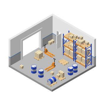 Vector 3d isometric storage, factory warehouse, logistic, delivery storehouse with shelves, boxes, forklifts, barrels, pallets for goods, cargo. Store room structure