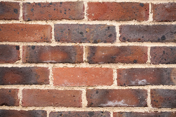 Closeup of dark-red, roasted brick wall for background.