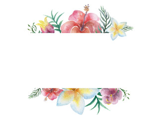 Watercolour banner with tropical plants on white background.
