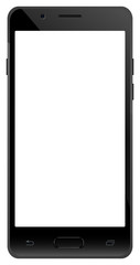 Smartphone black color with blank screen mockup. Front view of modern design android multimedia mobile phone with empty copy space.