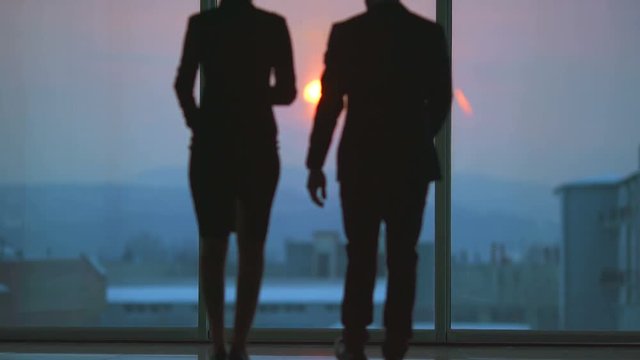 The business couple talking near the window on the bright sun background